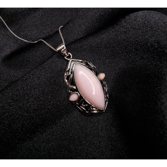 Pink Agate Pendant Necklace In Sterling Silver 925 BBJ Signed - Picture 3 of 7